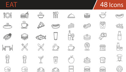 Food, beverage, and dining icons set featuring meals, snacks, drinks, restaurants, recipes, and culinary tools for menus, food delivery apps, cooking blogs, and restaurant marketing materials.