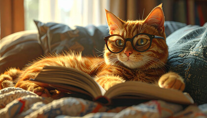 Adorable orange tabby cat with oversized glasses relaxing on cozy bed, reading book in warm sunlight, creating playful and intelligent atmosphere