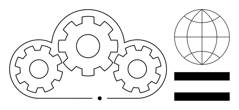 Three gears inside a cloud connected to a globe and parallel lines, symbolizing functionality, innovation, and global technology. Ideal for cloud computing, teamwork, digital progress, collaboration