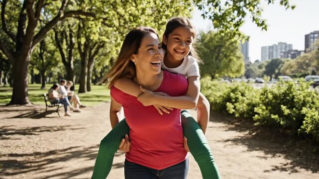 Joyful mother and daughter piggybacking in a vibrant green park on a sunny day, sharing a happy outdoor moment - Powered by Adobe