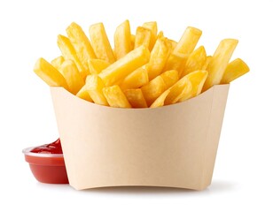 Delicious golden fries in a paper bag with ketchup