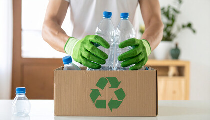 Person wearing green gloves compressing empty plastic bottles for recycling in cardboard box, promoting environmental responsibility and sustainability at home