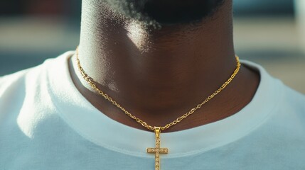 Gold necklace on a person's neck