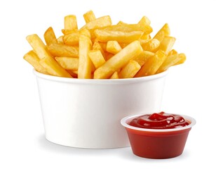 Delicious french fries in a white container with ketchup