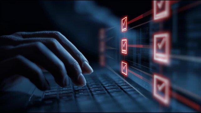 Close up of hands typing on a laptop with a digital checklist interface glowing