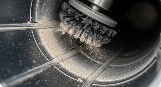 Detail shot of rotating bristles scrubbing inner walls of a dryer vent duct emphasizing thorough cleaning to prevent fire hazards and increase airflow.