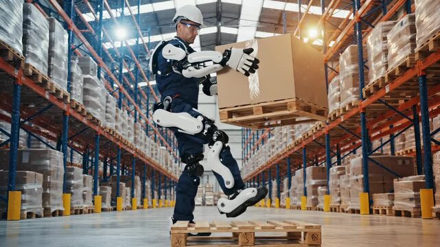Worker uses exoskeleton suit to lift heavy box in warehouse for logistics. Male employee wears robotic exoskeleton for lifting box. Worker with exoskeleton lifts box in warehouse for industrial automa