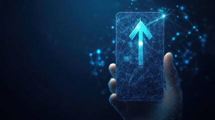 Hand holds smart phone, upward arrow