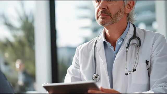 Doctor consulting patient while looking at tablet screen in bright modern office