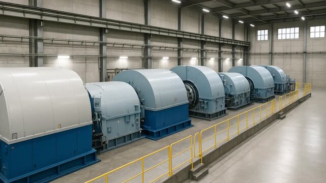 Drone flight insider a massive industrial power generation engines or turbines unit showcasing complex mechanical engineering in a modern factory setting.
