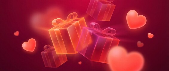 Valentine&rsquo;s day abstract background with glowing heart with gift box shapes and soft gradient lighting. Romantic love concept for celebration and holiday poster background design. Panoramic bg