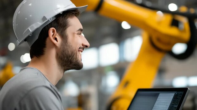 Caucasian male engineer monitoring robotic arm in industrial setting