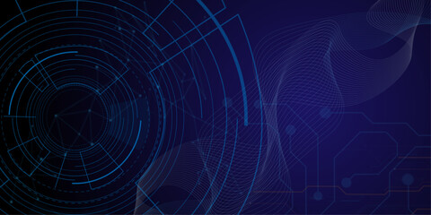 Obraz premium Molecular technology structure with digital overlay. Vector digital future technology concept. Abstract blue background with black circle rings.