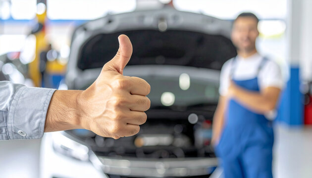 Thumb up gesture in focus with blurred mechanic in blue uniform and car hood open in background, expressing satisfaction and approval in automotive service environment