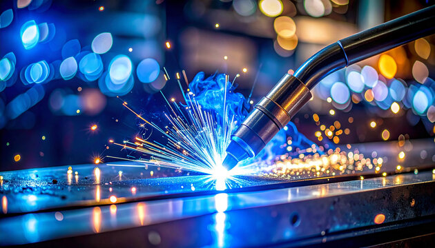 Ultra detailed macro photo of welding torch creating bright blue white arc on metal, with sparks and bokeh background, industrial atmosphere, energetic and dynamic scene
