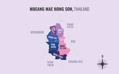 Naklejka premium Map showing Mueang Mae Hong Son District Mae Hong Son Thailand divided into sub districts with minimalist colorful patterns