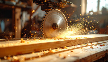 Circular saw cutting hardwood plank with golden sawdust flying, woodworking in workshop, sunlight streaming, dynamic action, precision carpentry, industrial tool, creative energy