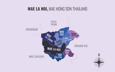 Naklejka premium Map showing Mae La Noi District Mae Hong Son Thailand divided into sub districts with minimalist colorful patterns