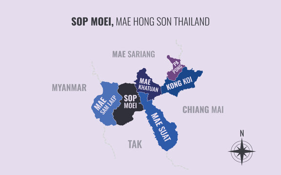 Map showing Sop Moei District Mae Hong Son Thailand divided into sub districts with minimalist colorful patterns