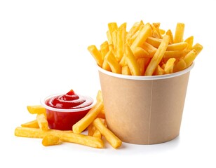 Delicious french fries in a paper bucket with ketchup