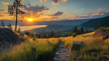 Fototapeta premium Scenic view from a high vantage point, pathway through grassy field overlooking a valley, sunset