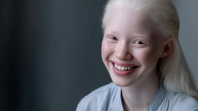 Young woman with albinism smiles warmly, showcasing her unique beauty and joyful expression