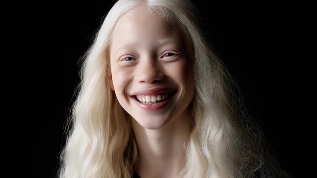 Joyful albino child with blonde wavy hair smiling broadly against a dark background