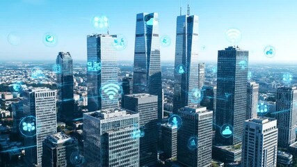 Modern cityscape with wireless connectivity and digital icons - Powered by Adobe