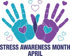 Obraz premium Stress Awareness Month April Graphic with Heart Handprints for Mental Health Advocacy, Wellness Campaigns, and Psychology Workshops