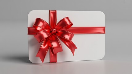 A white gift card with a red ribbon on a gray background, presented in a 3D rendering with a clean and minimalist aesthetic.