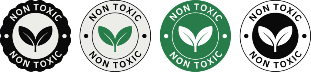 Non Toxic Eco Friendly Product Label Set with Green Leaf Icon for Sustainable Branding, Organic Packaging Design, and Natural Goods