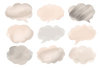 A collection of various grey and beige speech bubbles on a white background