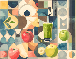 Green smoothie watercolor illustration, abstract art for health benefits of sports nutrition fitness drinks, apples, vegetables, greens and fruit blended for vitamins, supplement and hydration intake