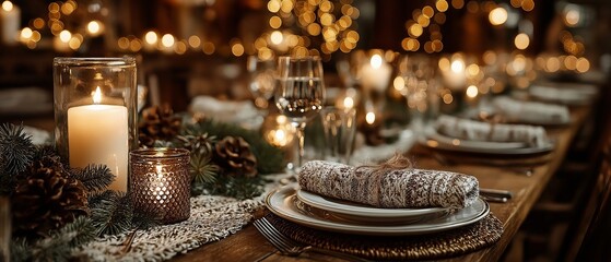 Fototapeta premium A cozy candlelit Christmas dinner table with a spruce garland and colorful decor