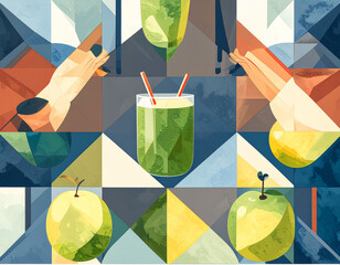 Green smoothie watercolor illustration, abstract art for health benefits of sports nutrition fitness drinks, apples, vegetables, greens and fruit blended for vitamins, supplement and hydration intake