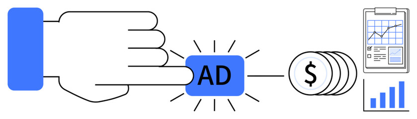 Digital marketing, online earnings, ad campaigns, business growth, analytics, and monetization. A hand presses an ad button connected to coins and charts. Digital marketing and online earnings