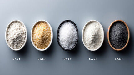 Artistic flat lay display of five distinct salt varieties with clear labels on gray background