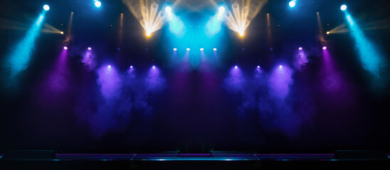 scene, stage light with colored spotlights and smoke