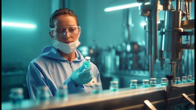 Woman scientist inspects vaccine vial in laboratory with production equipment. Researcher examines vaccine on production line. Scientist holds vial checking vaccine quality. Laboratory vaccine inspect
