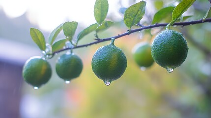 moisture. Vibrant green sudachi limes hanging from a rain-moistened branch with water droplets. menu design, packaging mockups, designed for culinary blogs and recipe cards for restaurants.