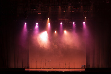 scene, stage light with colored spotlights and smoke
