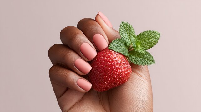 Minimalist matte nails holding fresh strawberry with mint leaves on light background - Powered by Adobe
