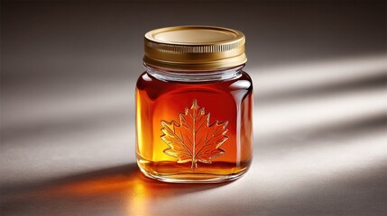 Maple syrup jar on subtle golden background creating shadow play and elegance