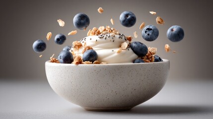 Midair greek yogurt with granola, blueberries, and chia seeds for healthy breakfast options on gray background