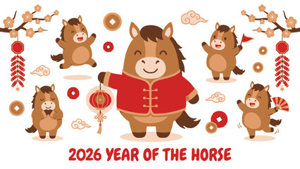 Fototapeta premium Cute Cartoon Horse Character Celebrating Chinese New Year.