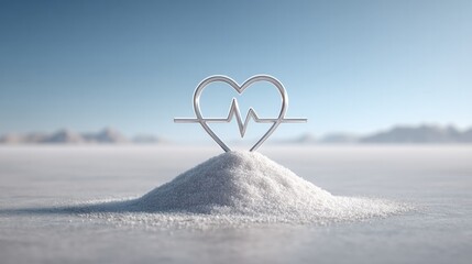 Heart health concept with no salt symbol on salt pile against blue sky