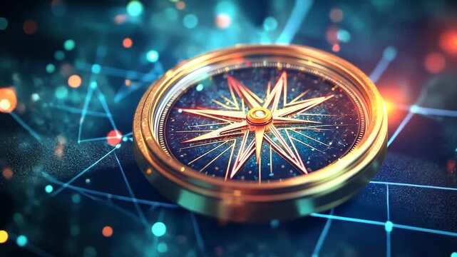 Detailed compass, glowing digital network