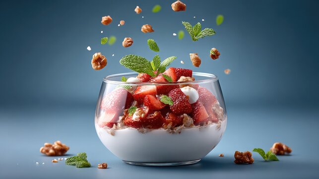 Delicious overnight oats with fresh strawberries and mint leaves for a healthy breakfast - Powered by Adobe