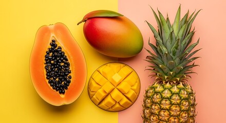 Vibrant tropical fruits pineapple papaya mango arrangement