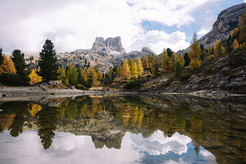 Mountain Lake - Lago di Limides Dolomites National Park Italy - Alpine landscape with mountains and lakes in autumn fall summer